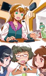  1boy 3girls aida_yuu akizuki_ryo blush closed_eyes commentary_request earrings glasses hidaka_ai hoop_earrings idolmaster idolmaster_dearly_stars jacket jewelry microphone mizutani_eri multiple_girls open_mouth photoshop_(medium) radio_booth sakurai_yumeko smile sweatdrop 