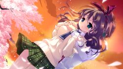  blue_eyes brown_hair game_cg hamashima_shigeo hanamadoka_shino petals pochi_to_goshujin-sama seifuku skyfish 