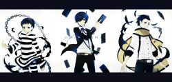  3boys black_hair blue_eyes blue_hair bow card chains commentary_request digital_media_player feathers floating_card gekkoukan_high_school_uniform hair_over_one_eye highres holding holding_card lolicon male_focus mentaishi mochizuki_ryouji multiple_boys persona persona_3 pharos ribbon scarf school_uniform simple_background smile suspenders yuuki_makoto_(persona_3) 