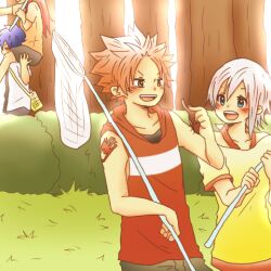  2boys 2girls blue_hair blush erza_scarlet fairy_tail jellal_fernandes lisanna lisanna_strauss lowres multiple_boys multiple_girls natsu_dragneel net open_mouth pink_hair puuma_(pixiv1277374) red_hair smile white_hair 