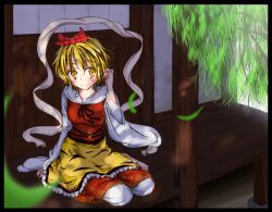  blonde_hair commentary_request female hair_ornament solo toramaru_shou touhou wavy_hair yellow_eyes yuuma_(noel) 