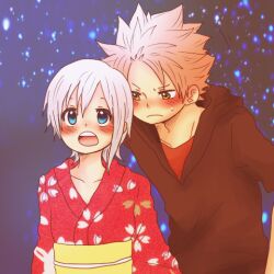  1boy blue_eyes blush fairy_tail female japanese_clothes lisanna lisanna_strauss lowres natsu_dragneel pink_hair puuma_(pixiv1277374) smile white_hair yellow_eyes 