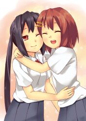  2girls :d black_hair blonde_hair brown_eyes closed_eyes commentary_request hirasawa_yui hug k-on! long_hair multiple_girls nakano_azusa one_eye_closed open_mouth photoshop_(medium) pleated_skirt ponishi. round_teeth sakuragaoka_high_school_uniform school_uniform short_hair skirt smile teeth twintails 