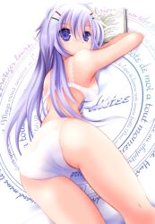  ass bad_id bad_pixiv_id book bra character_request commentary_request female hair_ornament hairclip lingerie long_hair lying momoiro_taisen_pairon nagato_tamakichi panties photoshop_(medium) purple_eyes purple_hair smile solo underwear underwear_only white_panties 