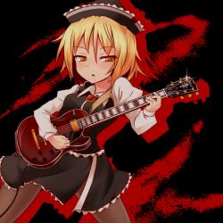  ayagi_daifuku black_pantyhose blonde_hair brooch commentary_request female guitar hat instrument jewelry long_sleeves lunasa_prismriver pantyhose short_hair side_slit skirt solo touhou yellow_eyes 