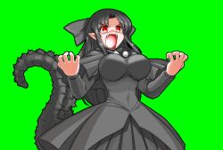  black_hair bow breasts commentary_request dress fangs female fusion godzilla godzilla_(series) gojiren hairbow large_breasts long_hair m.u.g.e.n melty_blood mono_(moiky) open_mouth personification pointy_ears red_eyes simple_background solo tail tsukihime white_len_(tsukihime) 