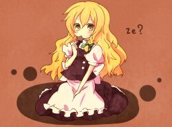  apron bad_id bad_pixiv_id blonde_hair blush braid cookie eating female food hair_ribbon hand_on_lap kirisame_marisa kuromari_(runia) long_hair no_headwear ribbon shirt sitting skirt skirt_set solo star_(symbol) touhou yellow_eyes ze_(phrase) 