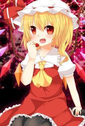  ascot black_pantyhose blonde_hair commentary_request female flandre_scarlet food fruit hand_to_own_mouth hat heart heart-shaped_pupils highres holding holding_food holding_fruit oerba_yun_fang open_mouth pantyhose red_eyes seiza short_hair side_ponytail sitting skirt skirt_set solo strawberry symbol-shaped_pupils touhou wings yuria_(kittyluv) 