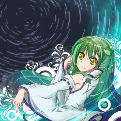  commentary_request detached_sleeves female frog_hair_ornament green_hair hair_ornament hair_tubes kochiya_sanae long_hair photoshop_(medium) solo touhou yellow_eyes yuuma_(noel) 