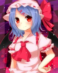  ascot bat_wings blue_hair checkered_background commentary_request female hair_ornament hairpin hand_on_own_hip hat red_eyes remilia_scarlet short_hair smile solo touhou upper_body wings yuria_(kittyluv) 