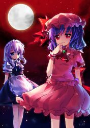  2girls apron ascot bad_id bad_pixiv_id blue_eyes blue_hair bow braid brooch dress full_moon grey_hair hairbow hat izayoi_sakuya jewelry maid maid_headdress moon multiple_girls night no_nose pf red_eyes red_sky remilia_scarlet short_hair skirt skirt_set sky touhou twin_braids 