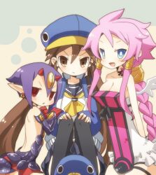  3girls backless_outfit bad_id bad_pixiv_id bare_arms bare_back bare_shoulders bird black_legwear blue_eyes blue_hat blue_sailor_collar blush bosutafu braid breasts brown_eyes brown_hair choker cleavage closed_mouth collarbone desco_(disgaea) detached_sleeves disgaea dress earrings elbow_gloves extra_eyes gloves hair_between_eyes hair_tubes hat horns jewelry jingle_bell_earrings jitome kazamatsuri_fuuka long_hair long_sleeves looking_at_viewer makai_senki_disgaea_4 medium_breasts multiple_girls neckerchief open_mouth penguin pink_hair pointy_ears prinny purple_choker purple_dress purple_hair purple_sleeves red_eyes red_gloves red_horns ringed_eyes sailor_collar school_uniform serafuku short_hair simple_background slit_pupils tabard thighhighs twintails vulcanus_(disgaea_4) wings yellow_neckerchief 