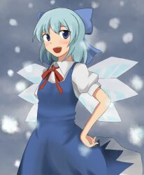  bad_id bad_pixiv_id blue_bow blue_dress blue_eyes blue_hair bow cirno collared_shirt dress female goro hair_ribbon hairbow hand_on_own_hip looking_at_viewer open_mouth pinafore_dress puffy_short_sleeves puffy_sleeves ribbon shirt short_sleeves sleeveless sleeveless_dress snowing solo teeth touhou upper_teeth_only white_shirt wings 