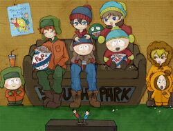  6+boys ^_^ blush_stickers cartman chibi closed_eyes couch eric_cartman food happy hat indoors kenny kenny_mccormick kyle kyle_broflovski multiple_boys smile south_park stan stan_marsh 