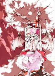  bat_wings blue_hair book dress female hat own_hands_together red_eyes remilia_scarlet short_hair shunsei_(muratou) sitting solo touhou tree wings 