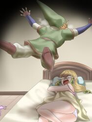  1boy ass bed blonde_hair blush boots bra commentary_request female fingerless_gloves gloves hair_tubes hat heavy_breathing hood lingerie link lying on_side open_mouth panties pantyshot pillow pointy_ears princess_zelda the_legend_of_zelda the_legend_of_zelda:_skyward_sword underwear unworn_bra wasabi_(legemd) white_panties you_gonna_get_raped 