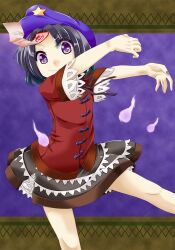  black_hair commentary_request female ghost hat hat_ornament hitodama miyako_yoshika ofuda outstretched_arms photoshop_(medium) purple_eyes short_hair skirt solo star_(symbol) star_hat_ornament t.o.d touhou zombie_pose 