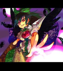  arm_cannon bad_id bad_pixiv_id black_hair bow feathers female green_bow hairbow letterboxed looking_down outstretched_hand red_eyes reiuji_utsuho solo takebi touhou weapon wings 