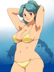  armpits arms_up bikini breasts brown_eyes character_request commentary_request curvy female ganto gradient_background green_hair high_school!_kimengumi large_breasts long_hair navel simple_background solo standing swimsuit uru_chie yellow_bikini 