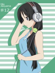  adjusting_hair akg akg_k-series_headphones akiyama_mio bare_shoulders black_hair blue_eyes casual character_name commentary_request female headphones ikari_manatsu k-on! long_hair photoshop_(medium) ponytail profile shadow solo upper_body 