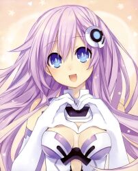  blue_eyes bodysuit breasts choujigen_game_neptune choujigen_game_neptune_mk2 cleavage compile_heart elbow_gloves female gloves heart heart_hands highres idea_factory long_hair nepgear neptune_(series) pink_hair purple_hair purple_sister smile solo symbol-shaped_pupils tsunako white_pupils 