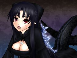  black_hair blush bow breasts cleavage commentary_request female fusion godzilla godzilla_(series) gojiren hairbow long_hair m.u.g.e.n medium_breasts melty_blood oerba_yun_fang open_mouth personification red_eyes solo tail tsukihime white_len_(tsukihime) zankantou_(zankantou763) 