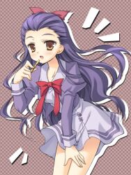  bow brown_eyes commentary_request dress female hair_ribbon l&#039;ecole_des_cinq_lumieres_school_uniform leaning_forward long_hair lowres milk_(yes!_precure_5) mimino_kurumi moribe_(rabumanyo) precure purple_hair purple_skirt ribbon school_uniform simple_background skirt smile solo yes!_precure_5 yes!_precure_5_gogo! 