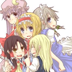  5girls ^_^ alice_margatroid ascot blonde_hair blue_eyes blush bow brown_hair closed_eyes commentary_request crescent detached_sleeves grey_hair hair_tubes hairbow hakurei_reimu hat headdress izayoi_sakuya kirisame_marisa long_hair maid multiple_girls natsuk no_headwear open_mouth patchouli_knowledge purple_eyes purple_hair short_hair touhou yellow_eyes 