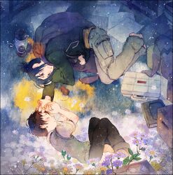  21grams 2boys bad_id bad_pixiv_id barefoot blue_hair book box brown_hair flower jacket lamp lying male_focus mouse_(animal) multiple_boys nezumi_(no.6) no.6 photoshop_(medium) scarf shion_(no.6) sleeping snow 