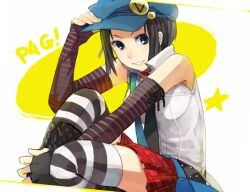  bad_id bad_pixiv_id bag bare_shoulders black_hair blue_eyes elbow_gloves female fingerless_gloves gloves hat hat_tip marie_(persona_4) messenger_bag persona persona_4 persona_4_the_golden plaid plaid_skirt reka short_hair shoulder_bag sitting skirt smile solo star_(symbol) striped_clothes striped_gloves striped_thighhighs thighhighs zettai_ryouiki 