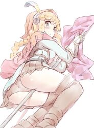  between_legs blonde_hair blue_eyes blush boots braid cape commentary_request feathers female flag gauntlets grand_knights_history hat lisha_stalake long_hair looking_back lying nagian panties solo thigh_boots thighhighs underwear 