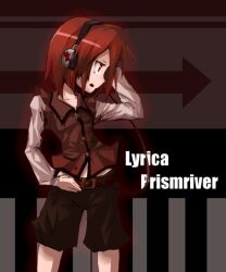  ayagi_daifuku belt brown_eyes brown_hair character_name collared_shirt commentary_request contemporary dress_shirt female hand_on_own_hip headphones long_sleeves looking_away lyrica_prismriver open_mouth shirt short_hair solo standing touhou 