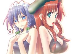  2girls back-to-back bikini bikini_top_only blue_eyes blue_hair bow braid breast_envy breasts cleavage commentary_request fumotono_mikoto green_eyes hairbow hat hong_meiling izayoi_sakuya large_breasts long_hair maid_headdress multiple_girls one-piece_swimsuit red_hair school_swimsuit short_hair squiggle swimsuit touhou twin_braids 