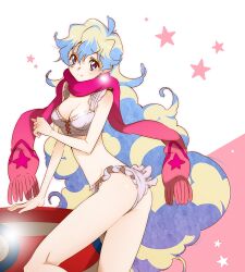  blue_hair commentary_request cross-shaped_pupils earrings female jewelry lingerie long_hair multicolored_hair nia_teppelin scarf smile solo symbol-shaped_pupils tengen_toppa_gurren_lagann two-tone_hair underwear very_long_hair yukimitsuki 