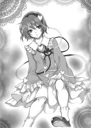  :o absurdres blouse commentary_request dutch_angle eyeball female frills greyscale hairband heart highres komeiji_satori mintes monochrome photoshop_(medium) pleated_skirt shirt short_hair sitting skirt solo third_eye touhou wide_sleeves 