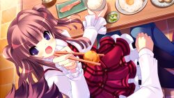  brown_hair dress food game_cg hinamidori_chiwa pochi_to_goshujin-sama purple_eyes skyfish tsurugi_hagane 