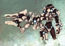  aqua_eyes arm_cannon armor black_hair blackball commentary_request female glowing highres navel original photoshop_(medium) power_armor short_hair solo weapon 