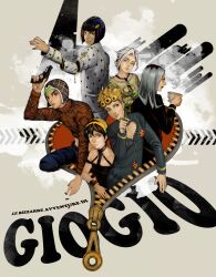  6+boys bad_id bad_pixiv_id bare_shoulders black_eyes black_hair black_lips blonde_hair blue_eyes bob_cut bruno_bucciarati bug bullet cup formal giorno_giovanna grey_eyes grey_hair guido_mista gun hair_ornament hairclip half-shirt handgun hat headband highres jojo_no_kimyou_na_bouken ladybug leone_abbacchio lipstick long_hair makeup male_focus multiple_boys narancia_ghirga necktie pannacotta_fugo photoshop_(medium) plant revolver sakin stand_(jojo) sticky_fingers_(stand) suit sweater teacup vento_aureo weapon white_hair wristband zipper 