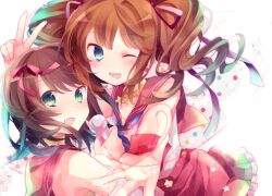  2girls :d ;d amami_haruka blue_eyes brown_hair choker commentary_request green_eyes hair_ribbon ibara_riato idolmaster idolmaster_(classic) multiple_girls one_eye_closed open_mouth orange_hair pleated_skirt ribbon skirt smile takatsuki_yayoi twintails v 