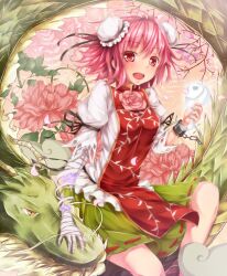  :d amputee bandages blush bun_cover chains cherry_blossoms commentary_request cuffs dabadhi double_bun dragon eastern_dragon false_arm false_limb female flower hair_bun highres hitodama ibaraki_kasen koutei_(touhou) looking_at_viewer md5_mismatch open_mouth peony_(flower) petals pink_eyes pink_flower pink_hair pink_rose rose shackles short_hair smile solo tabard touhou 