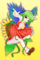  bobby_socks commentary_request dress_shirt female flower green_hair grin highres kazami_yuuka loafers necktie photoshop_(medium) plaid plaid_skirt red_eyes shirt shoes skirt smile socks solo sunflower t.o.d touhou vest white_socks wings 