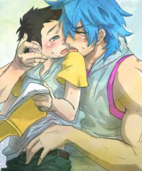  black_hair blue_hair blush book kissing komatsu_(toriko) short_hair toriko_(series) toriko_(toriko) yaoi 