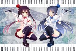  2girls akiyama_mio bad_id bad_pixiv_id black_hair black_thighhighs blue_eyes bow bowtie breasts brown_eyes gloves hat hime_cut k-on! long_hair medium_breasts microphone microphone_stand mini_hat mini_top_hat multiple_girls nakano_azusa nanohana_kohina piano_keys plaid plaid_skirt pleated_skirt skirt smile squatting thighhighs top_hat twintails vest 