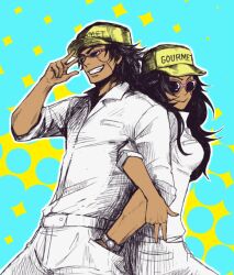  black_hair character_request dark_skin hat long_hair rule_63 scar short_hair smile sunglasses tom_(toriko_series) toriko_(series) 