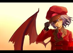  alternate_costume alternate_headwear bat_wings black_gloves commentary_request eyepatch female gloves hand_on_headwear hat highres letterboxed peaked_cap purple_hair red_eyes remilia_scarlet short_hair slit_pupils solo touhou wings yoo_(tabi_no_shiori) 