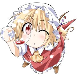  :&lt; ;&lt; ascot bibi02 blonde_hair blush chibi commentary_request cup drinking_glass female flandre_scarlet foreshortening hat one_eye_closed red_eyes simple_background solo touhou wine_glass wings 