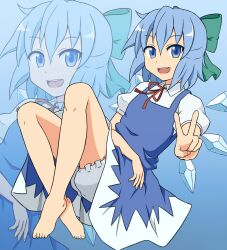  bad_id bad_pixiv_id barefoot bloomers blue_background blue_dress blue_eyes blue_hair bow cirno collared_shirt detached_wings dress female full_body goro gradient_background green_bow hair_between_eyes hair_ribbon hairbow looking_at_viewer neck_ribbon open_mouth pinafore_dress puffy_short_sleeves puffy_sleeves red_ribbon ribbon shirt short_sleeves sleeveless sleeveless_dress smile solo teeth touhou underwear upper_teeth_only v white_bloomers white_shirt wings zoom_layer 