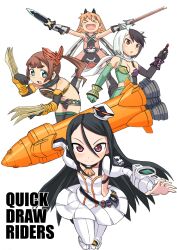  4girls absurdres claws commentary_request decadriver fourze_driver highres kamen_rider kamen_rider_dcd kamen_rider_decade kamen_rider_double kamen_rider_fourze kamen_rider_fourze_(series) kamen_rider_ooo kamen_rider_ooo_(series) kamen_rider_w multiple_girls rider-tan rocket sword tamasaka_k thighhighs weapon 