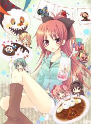  5girls akemi_homura akemi_homura_(magical_girl) anja_(madoka_magica) boots charlotte_(madoka_magica) chibi commentary_request curry food glass hair_ribbon hood hoodie kaname_madoka kaname_madoka_(magical_girl) kyuubee long_hair magical_girl mahou_shoujo_madoka_magica mahou_shoujo_madoka_magica_(anime) mami_mogu_mogu miki_sayaka miki_sayaka_(magical_girl) miyata_(miyatami07) multiple_girls ponytail pyotr_(madoka_magica) red_eyes red_hair ribbon rice sakura_kyoko shorts tomoe_mami tomoe_mami_(magical_girl) 