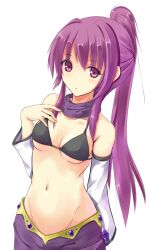  :o bare_shoulders bikini bikini_top_only black_bikini blush breasts commentary_request cosplay detached_sleeves expressionless female groin hand_on_own_chest konimaru long_hair looking_at_viewer medium_breasts navel photoshop_(medium) ponytail purple_eyes purple_hair rivalun rivalun_(cosplay) scarf simple_background solo stomach sugiura_ayano swimsuit underboob yuru_yuri 